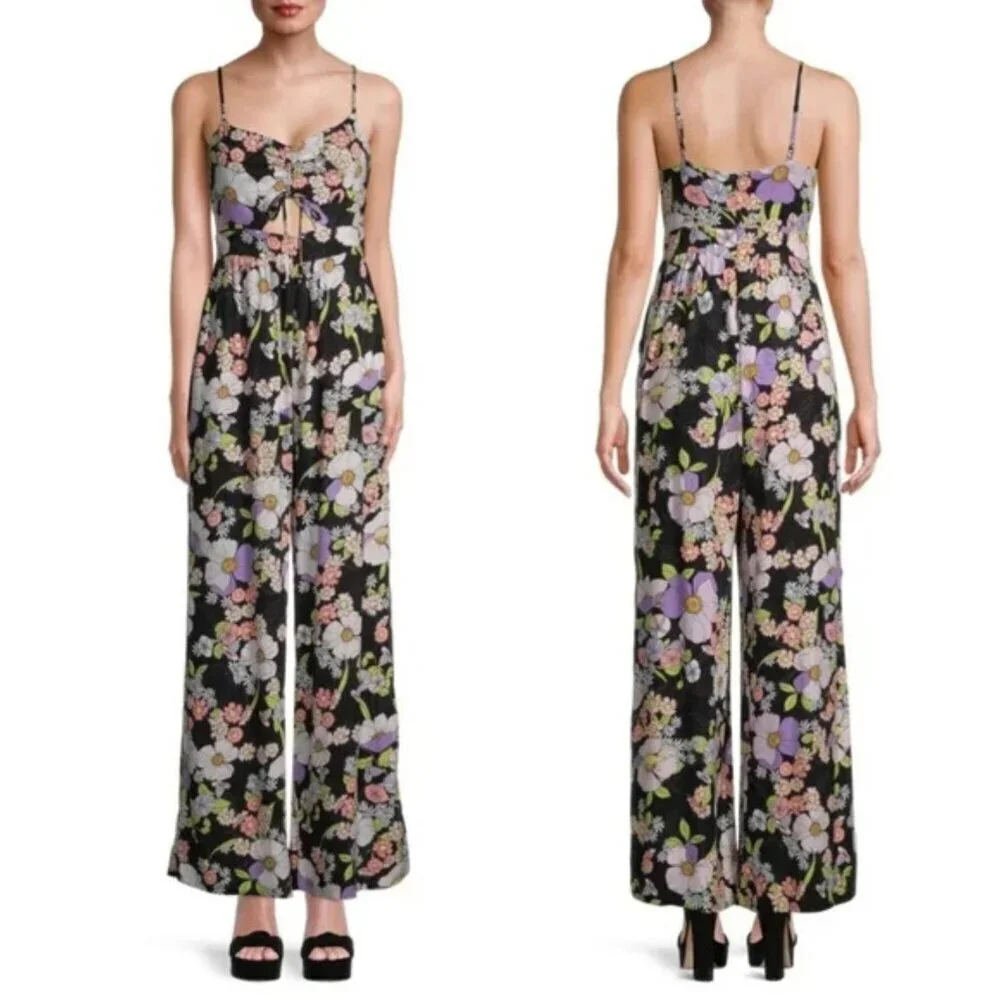 AFRM Della Black Multi Floral Print Cutout Wide Leg Jumpsuit 37721